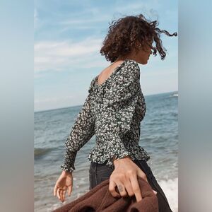 MADEWELL Georgette Square-Neck Smock-Waist Top in Forest Leaves Size Large